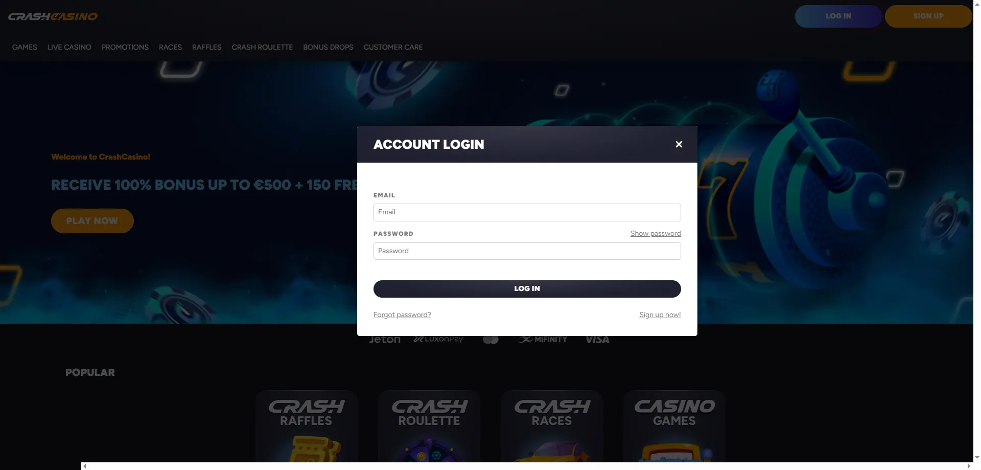 Campo para introducir código promocional en cuenta Crash Casino