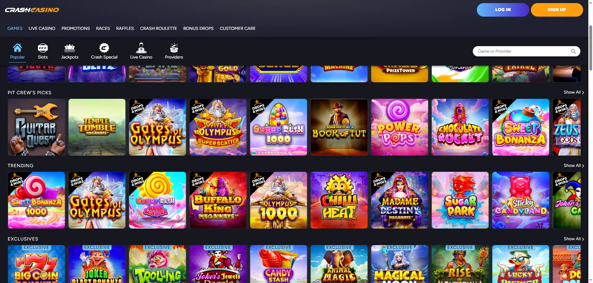Cat&aacute;logo de tragaperras y juegos en Crash Casino M&eacute;xico